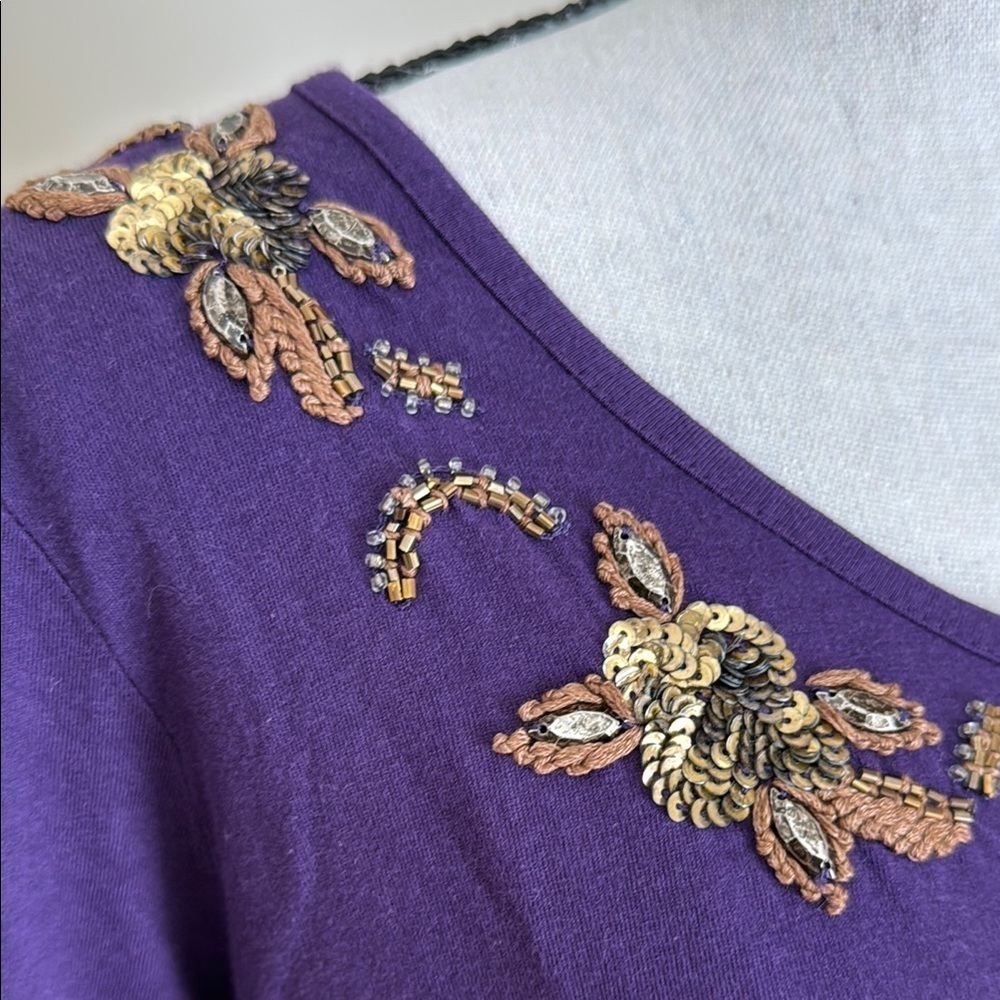 Chico's New NWT Purple Embroidered Sequin Neckline Women's Knit Top 2 L 12